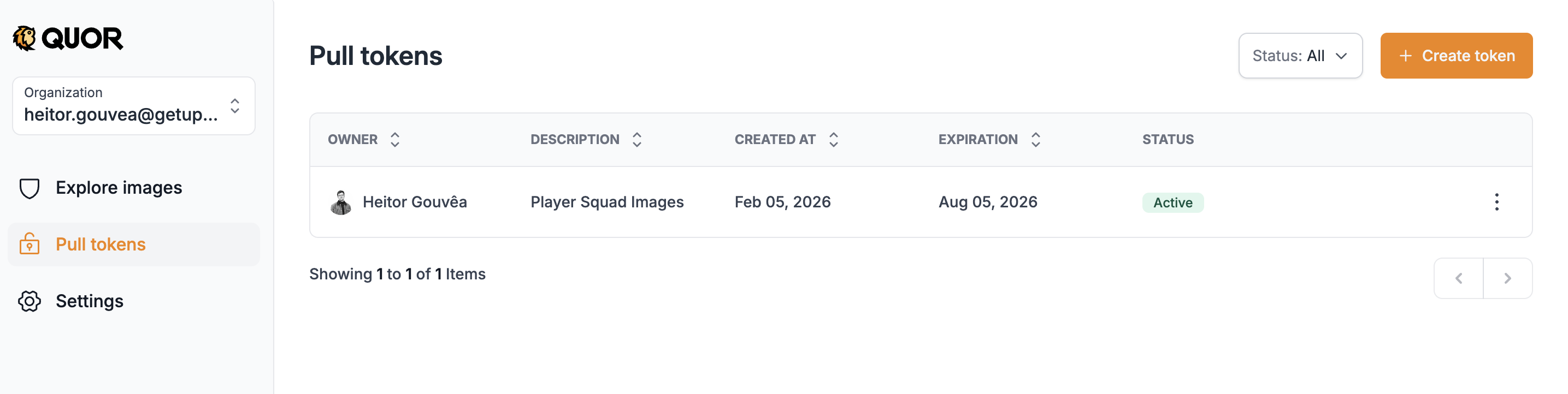 Página de configuração de Pull Tokens
