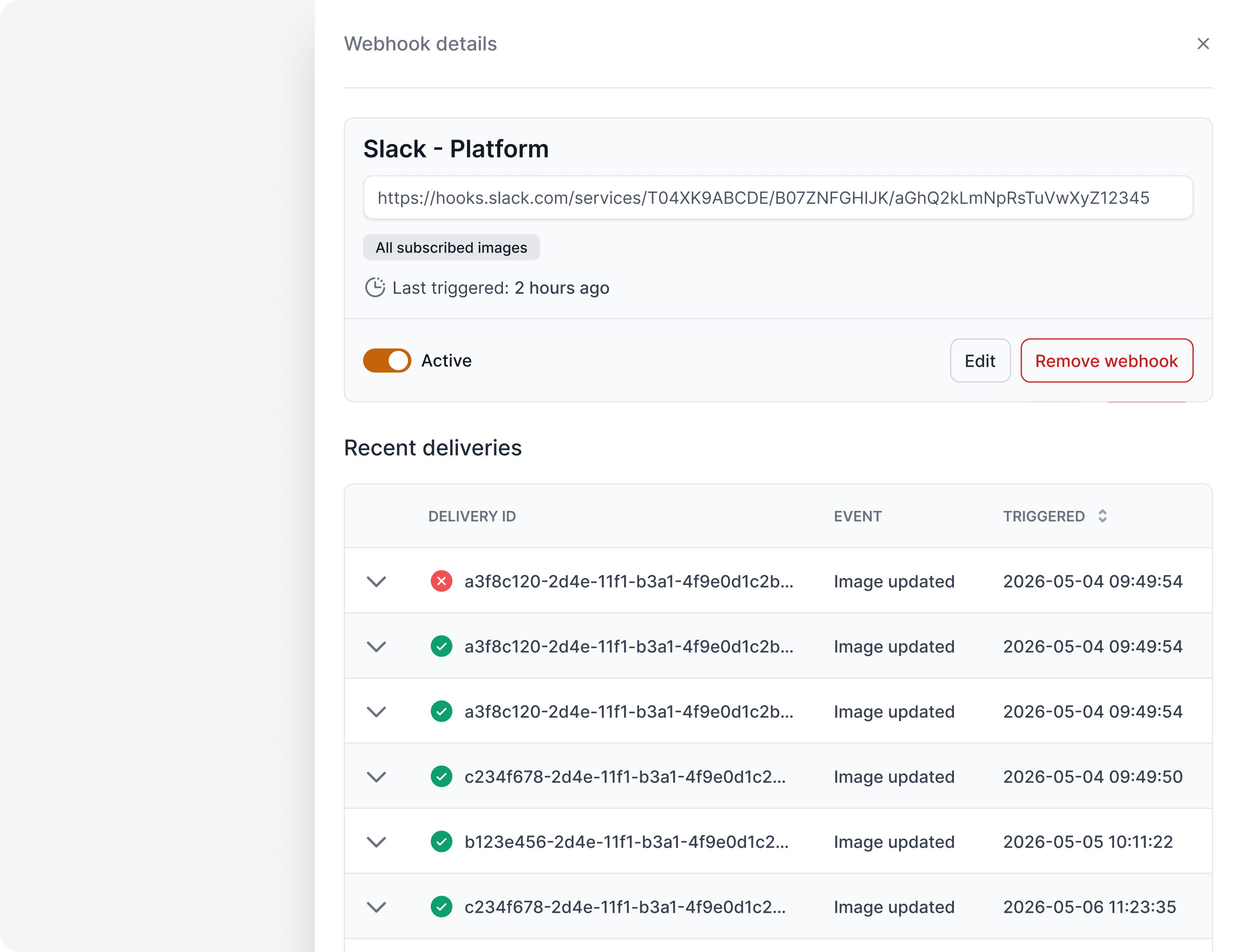 Listagem de entregas de webhook no Quor
