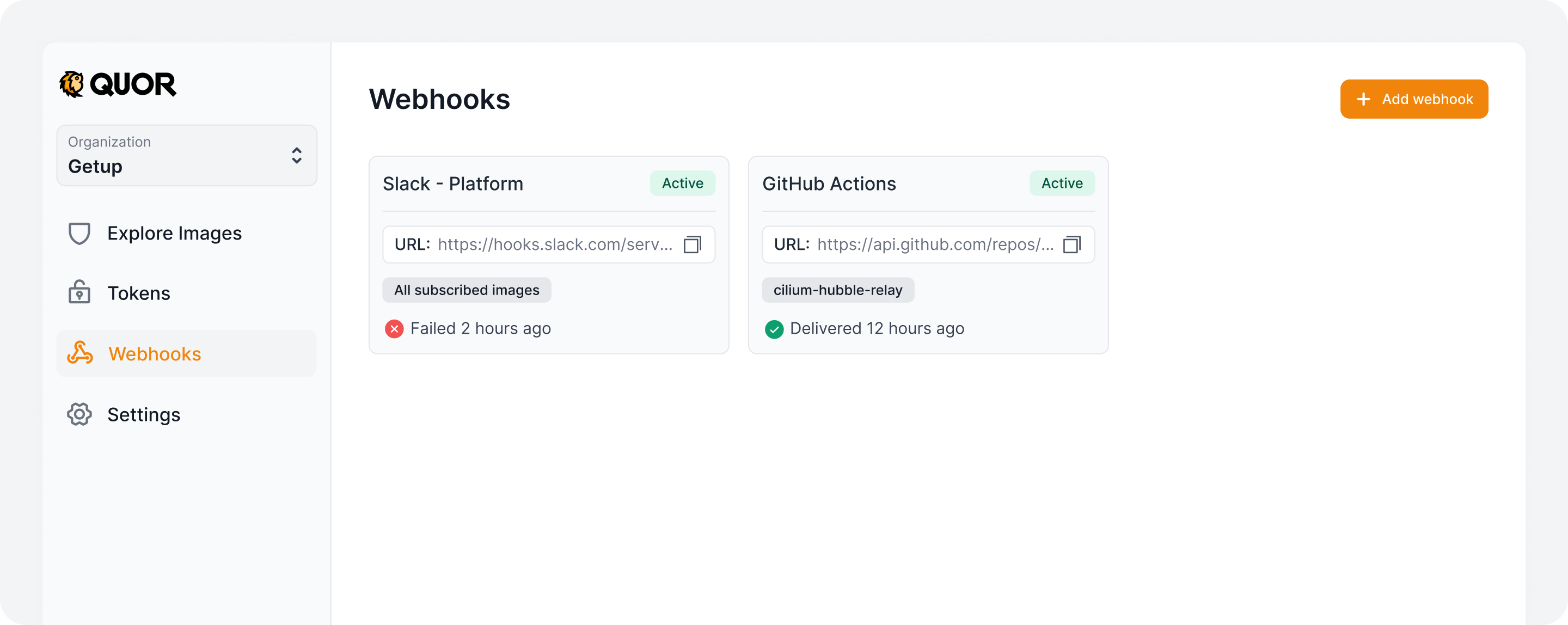 Listagem de webhooks no Quor